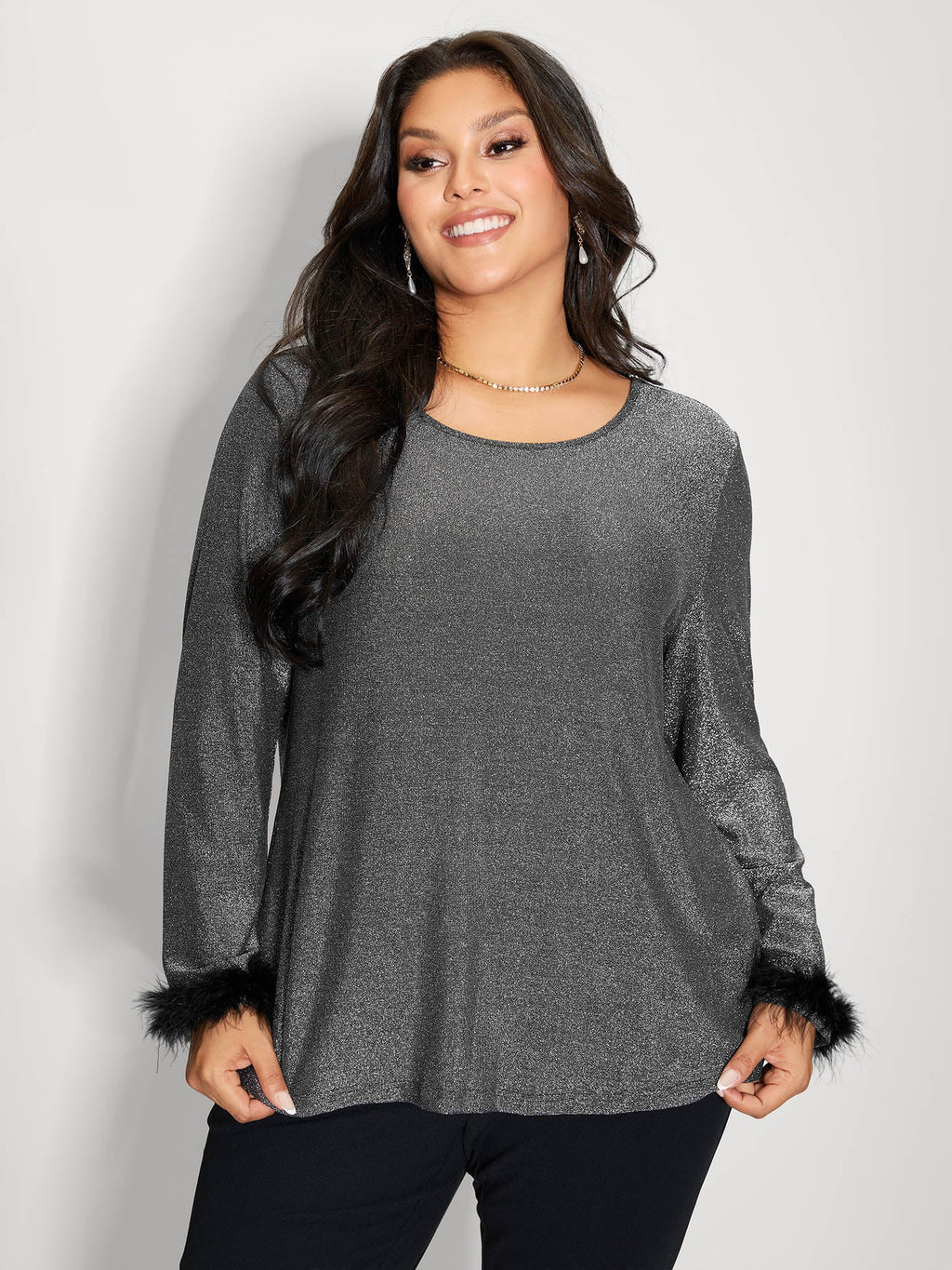 Shiny Silk Fur Cuffs Blouse