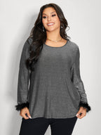 Shiny Silk Fur Cuffs Blouse