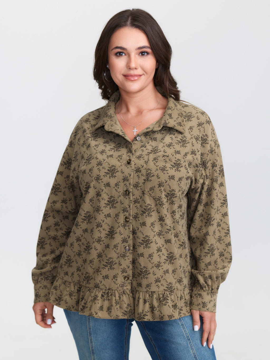 Corduroy Ruffled Button-Down Shirt