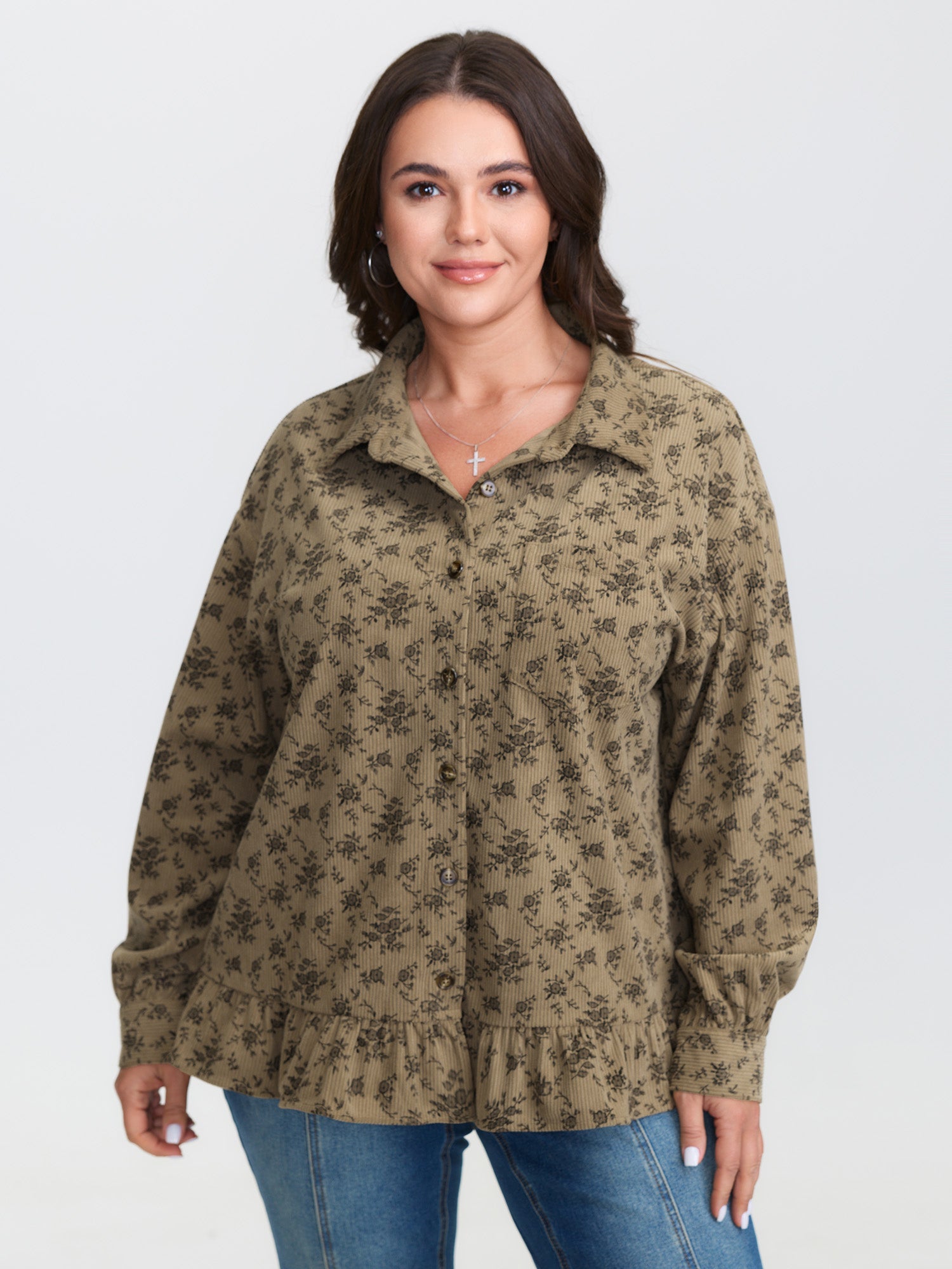 Corduroy Ruffled Button-Down Shirt
