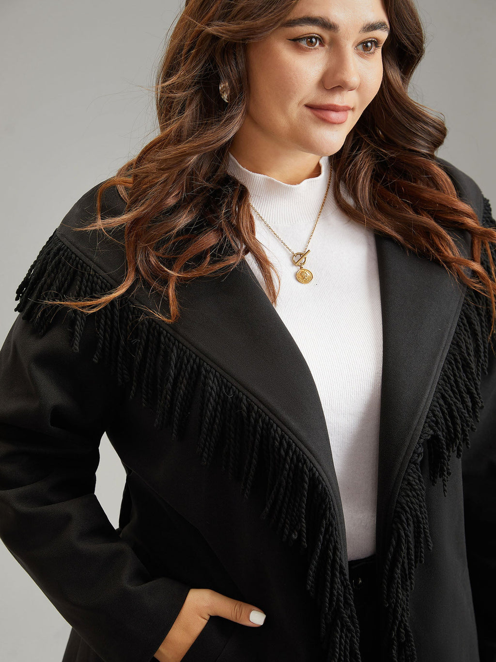 Tassels Trim Plain Lapel Collar Belted Coat