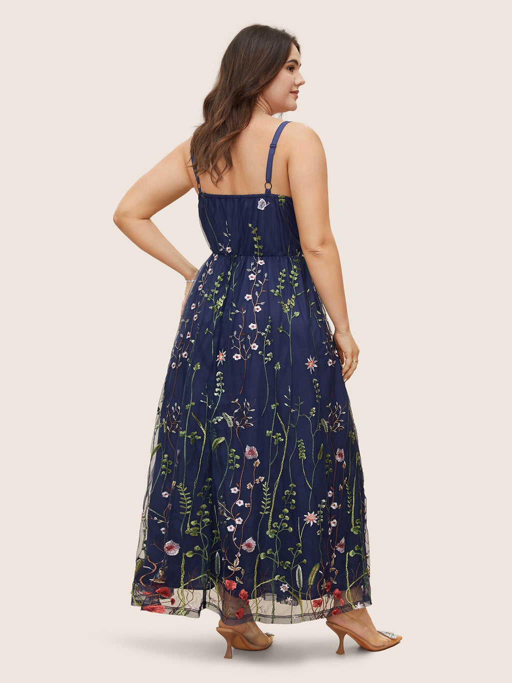 U Neck Floral Embroidered Mesh Cami Dress