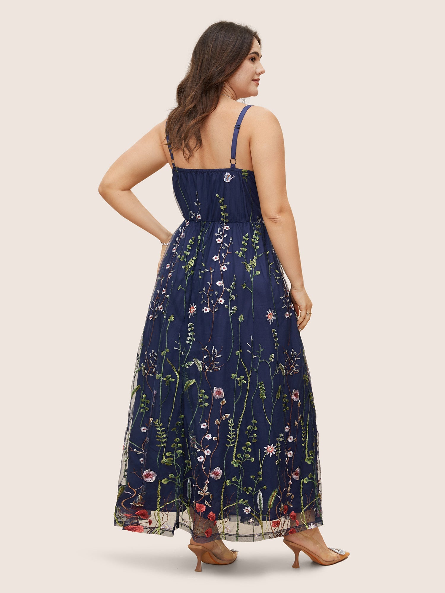 U Neck Floral Embroidered Mesh Cami Dress