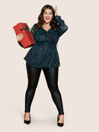 Sequin Mesh Lantern Sleeve Wrap Belted Striped Blouse