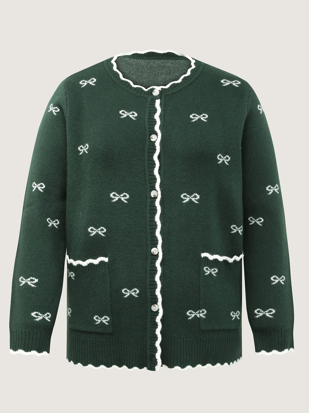 Bowknot Jacquard Wavy Edge Knit Cardigan