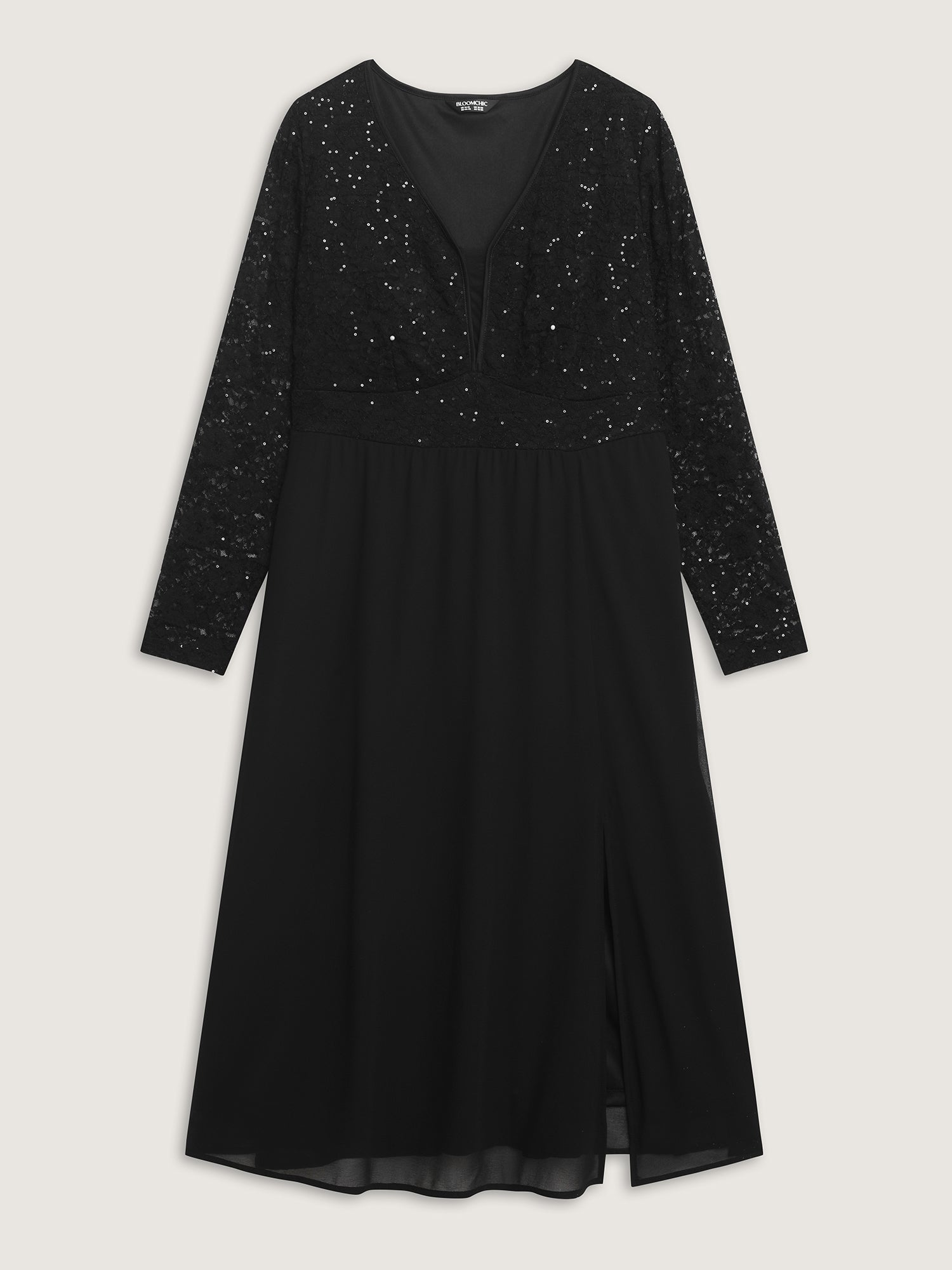 Sheer Lace V-Neck Shirred Waist Midi Dress