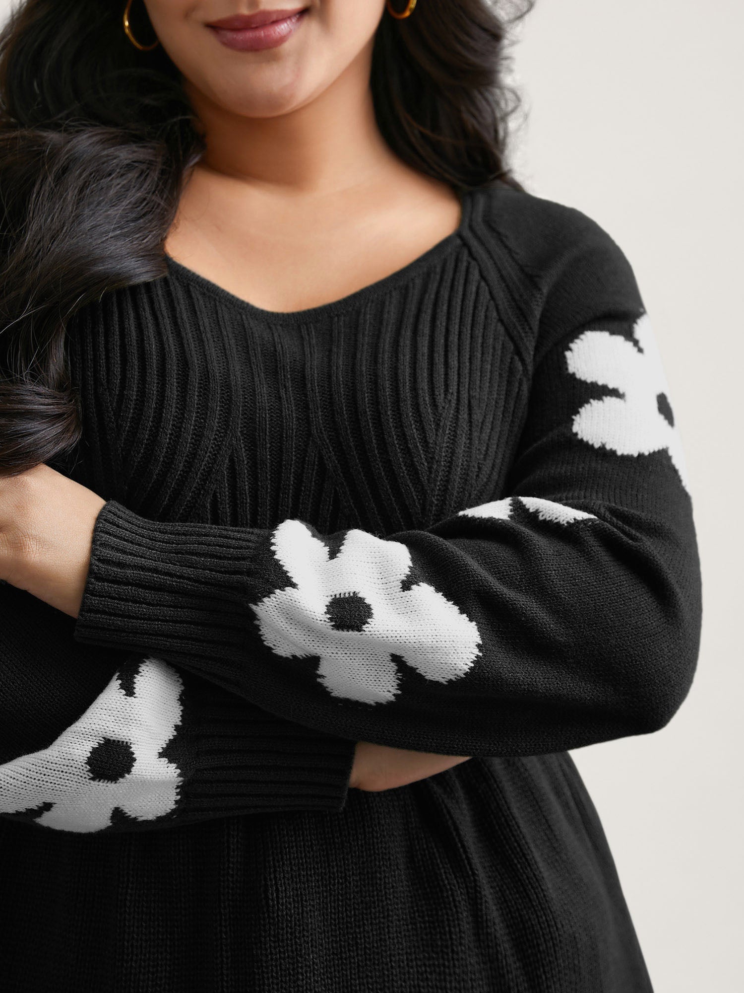 Floral Patch Jacquard Cinched Waist Pullover