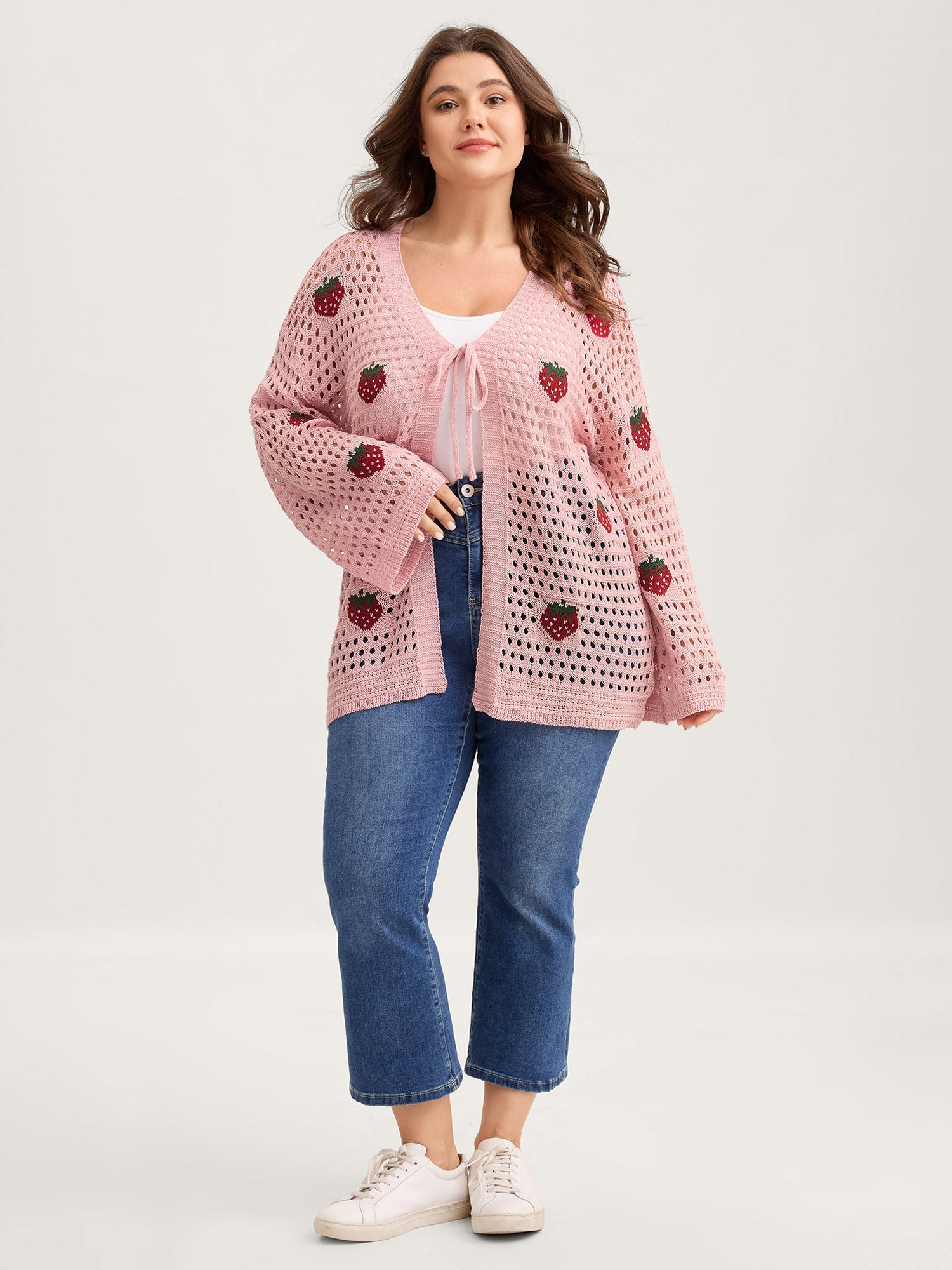 Strawberry Jacquard Embroidery Tie Knit Cardigan