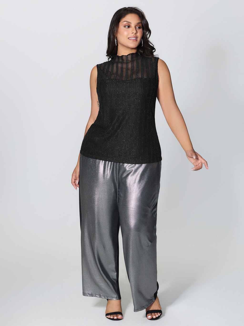 Lurex Sheer Neckline Lined Tank Top