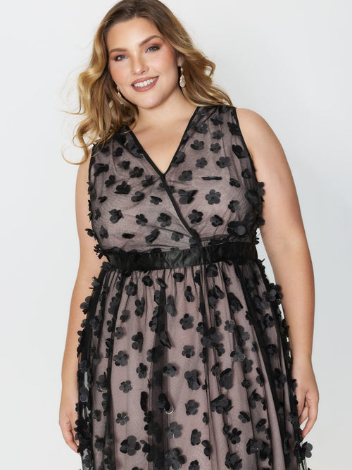 3D Floral Back-Tie Sheer Midi Dress