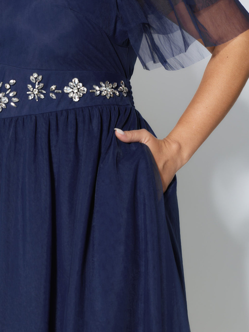 Rhinestone Triangular Mesh Cinched-Waist Maxi Dress