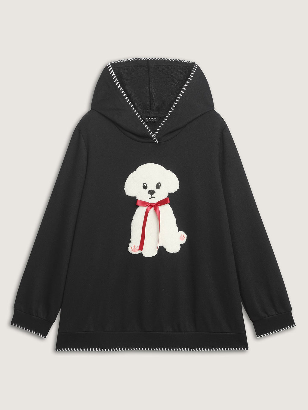 Puppy Embroidered Stretchy Contrast Hoodie