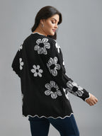 Floral Pattern Open-Front Knitted Cardigan