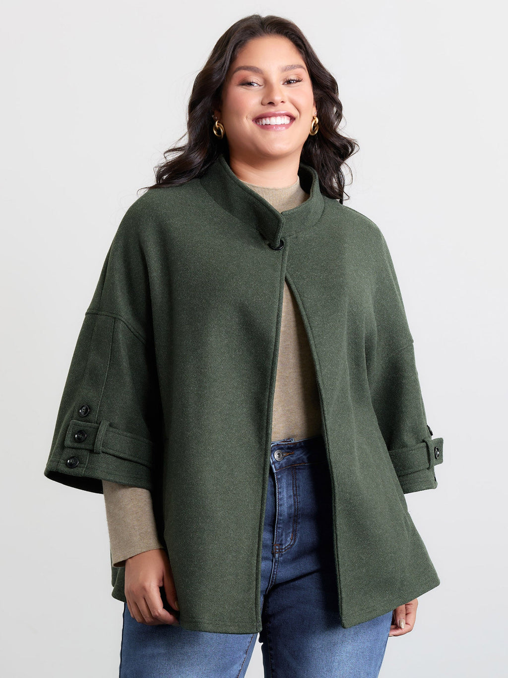 Rolled Button Sleeve Pockets Coat