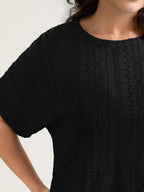 Eyelet Trim Stretchy Textured Plain Top
