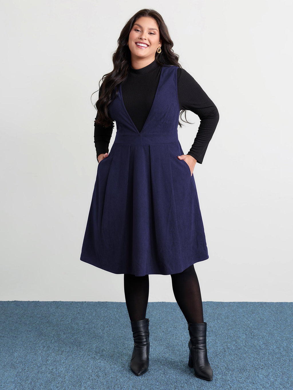 Corduroy Stretchy Waist V-Neck Midi Dress