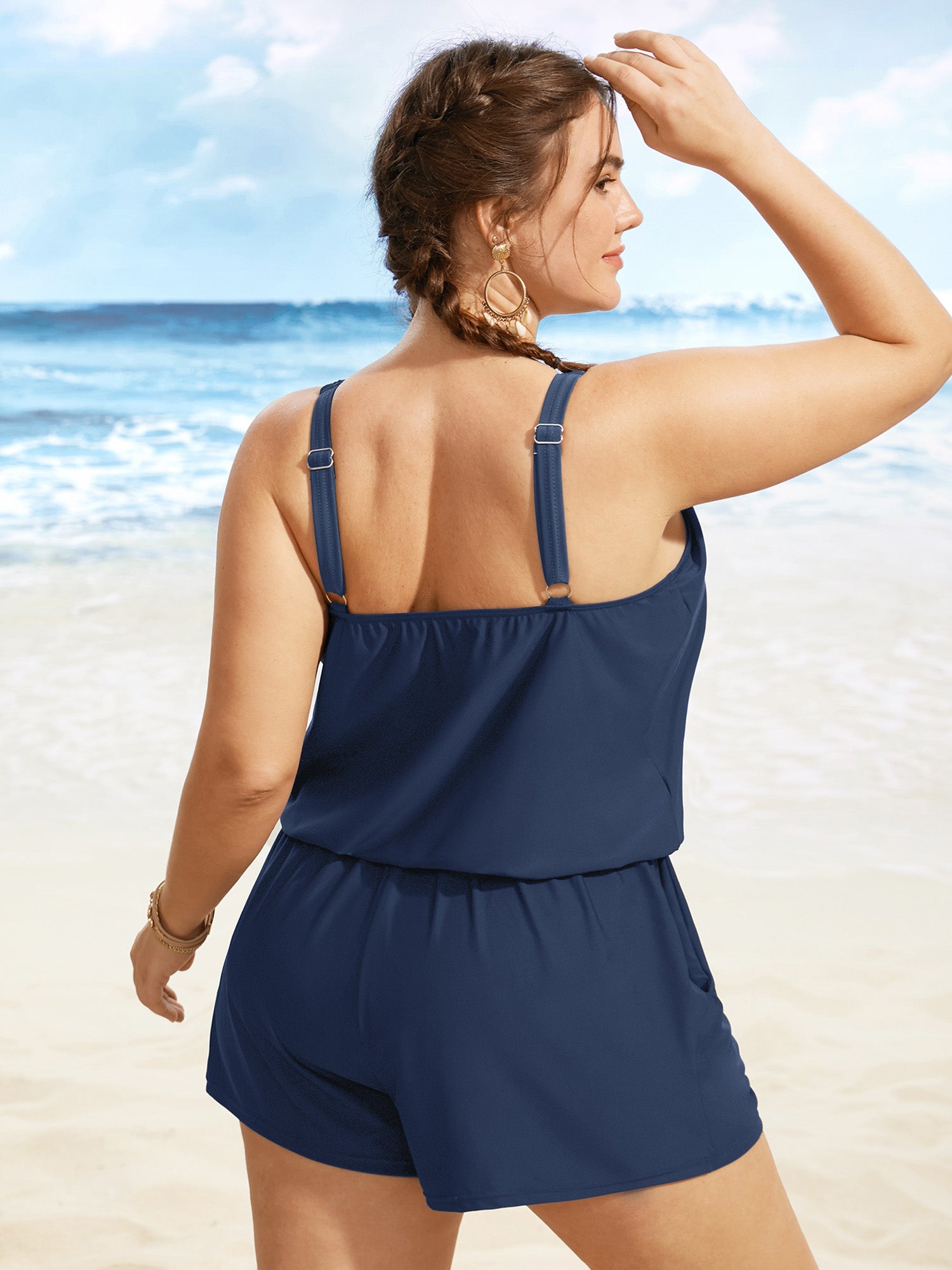 Solid Keyhole Elastic Waist Gathered One Piece Swimsuit