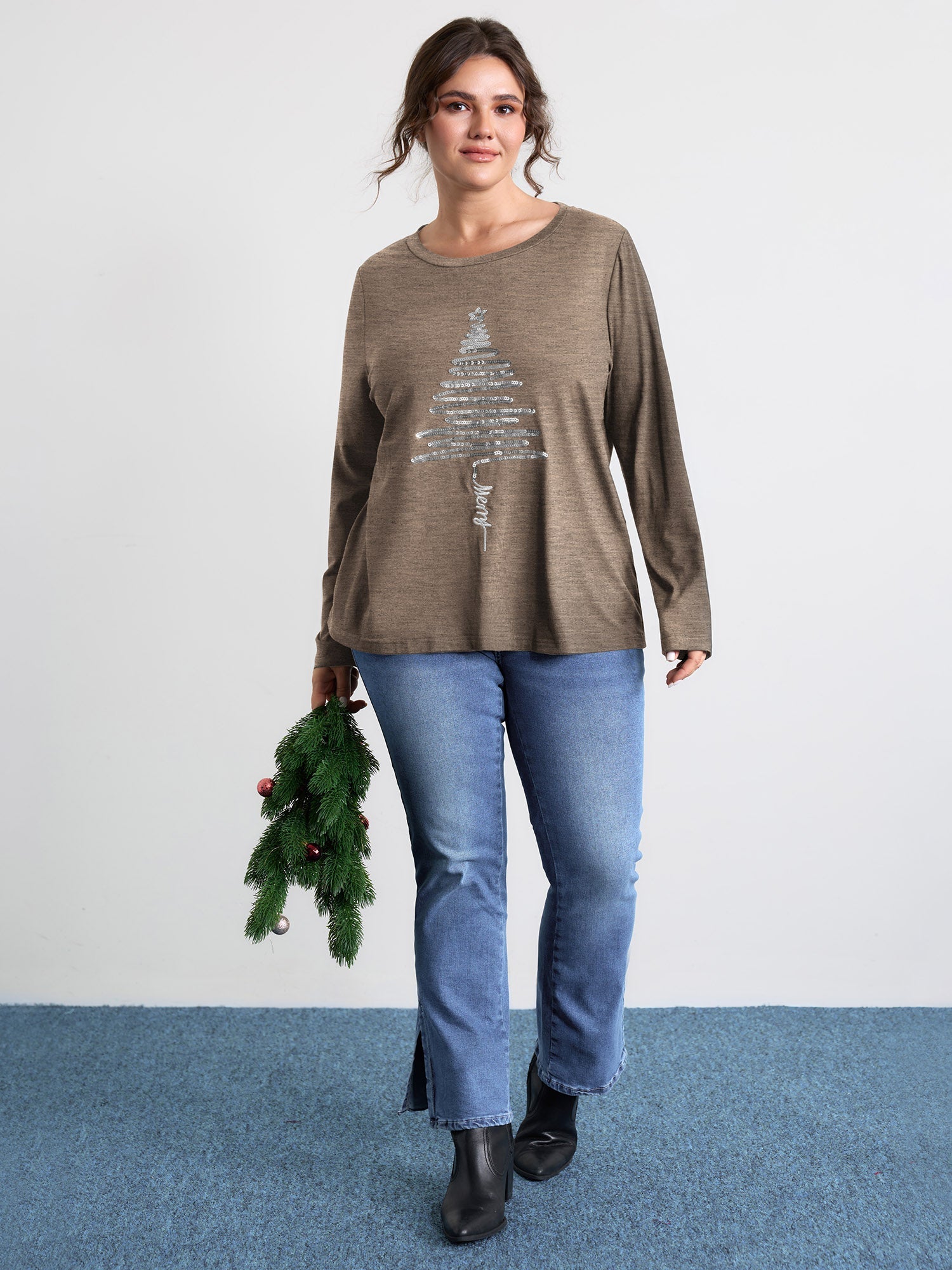 Sequin Cord Embroidered Tree Round Neck T-Shirt