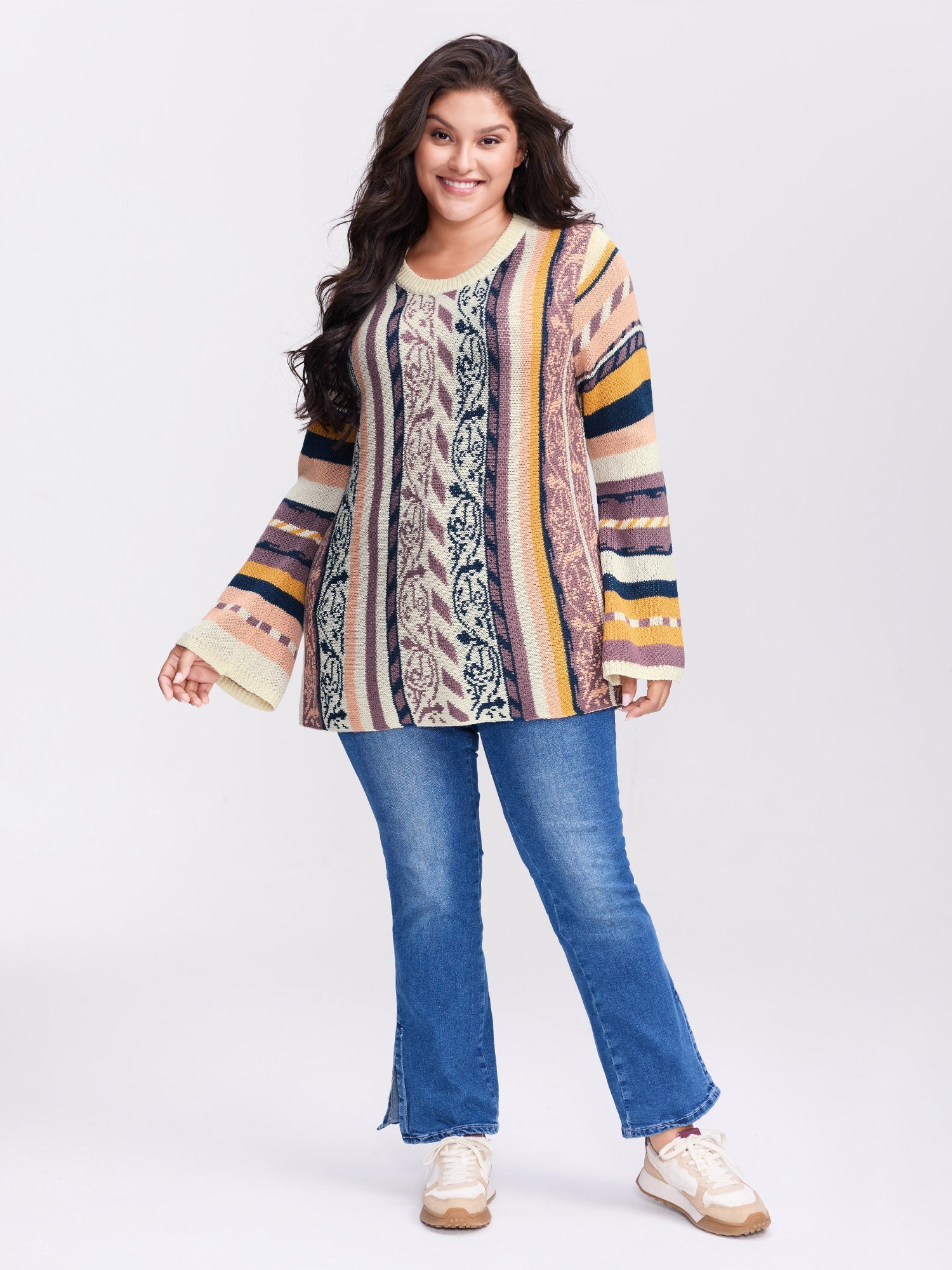 Boho Stripe Flared Sleeve Stretchy Pullover