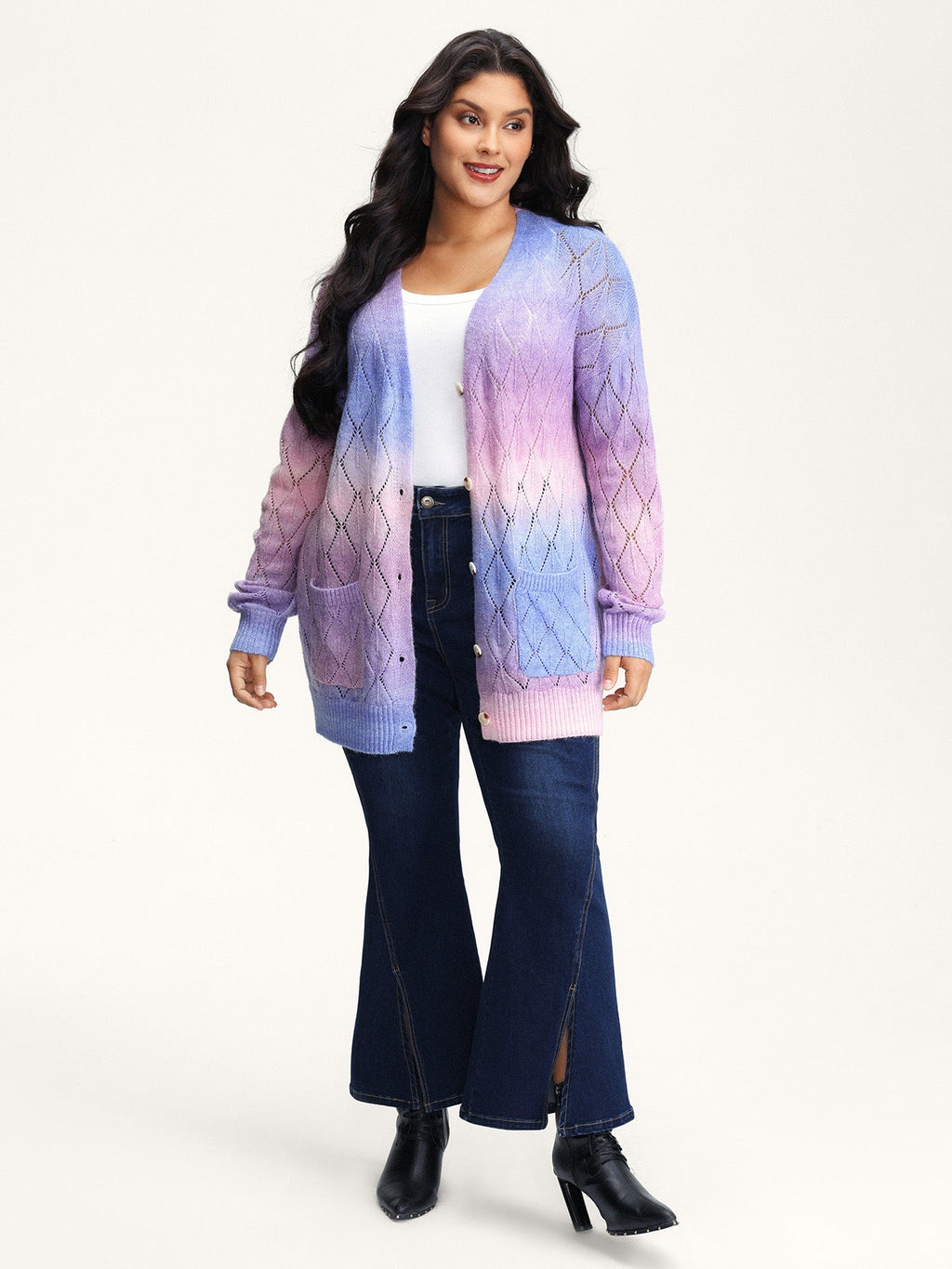 Ombre Gradient Eyelet Trim Knit Cardigan