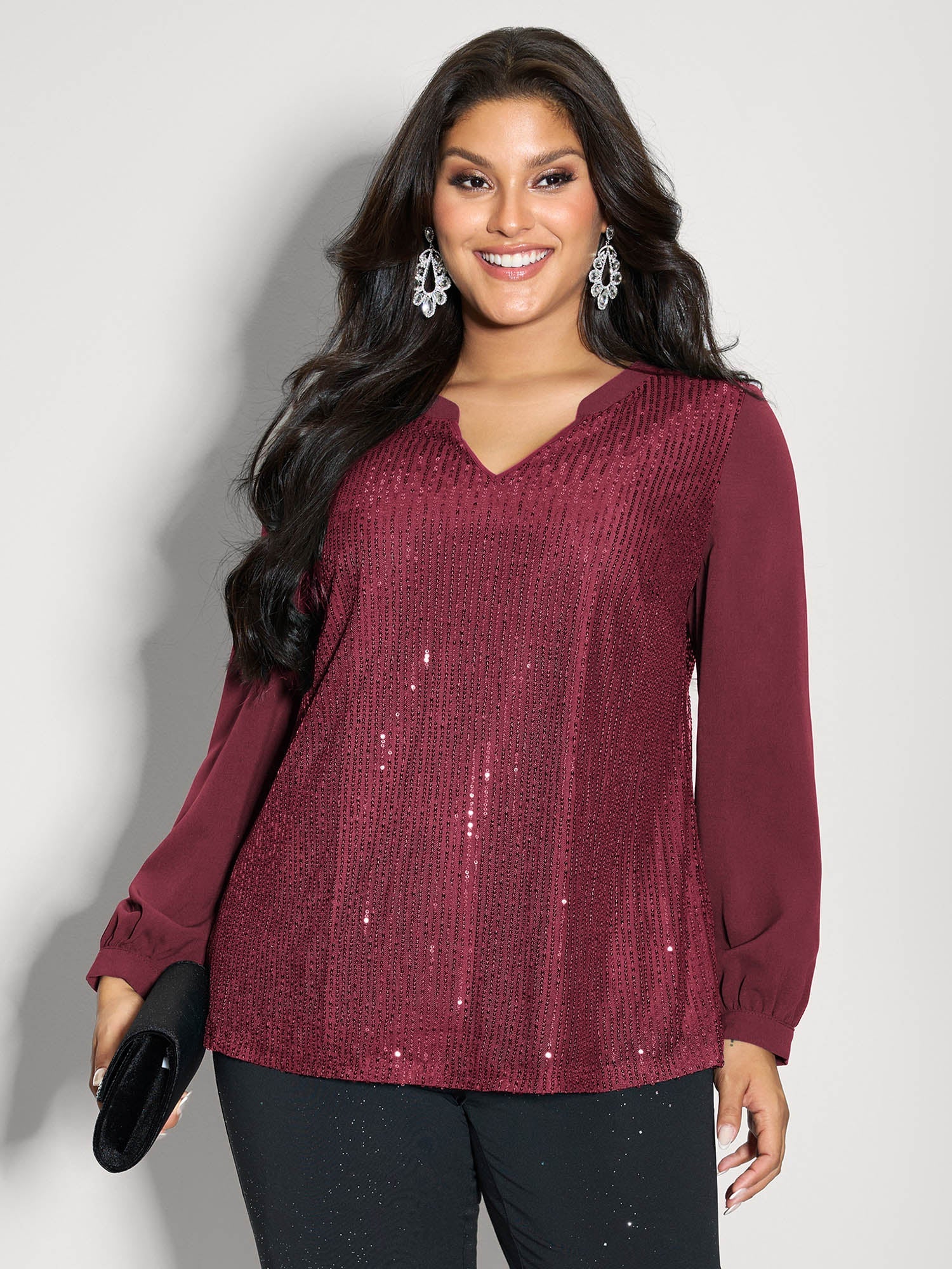 Shimmery Sequin Notched Collar Blouse