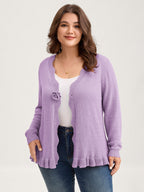 Supersoft Textured Floral Button Ruffled Hem Knit Cardigan