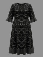Crew Neck Polka Dot Waist Cinched Dress