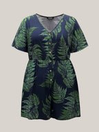 Tropical Leaf Print Pockets Button Romper
