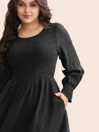 Plain Textured Shirred Midi Dress