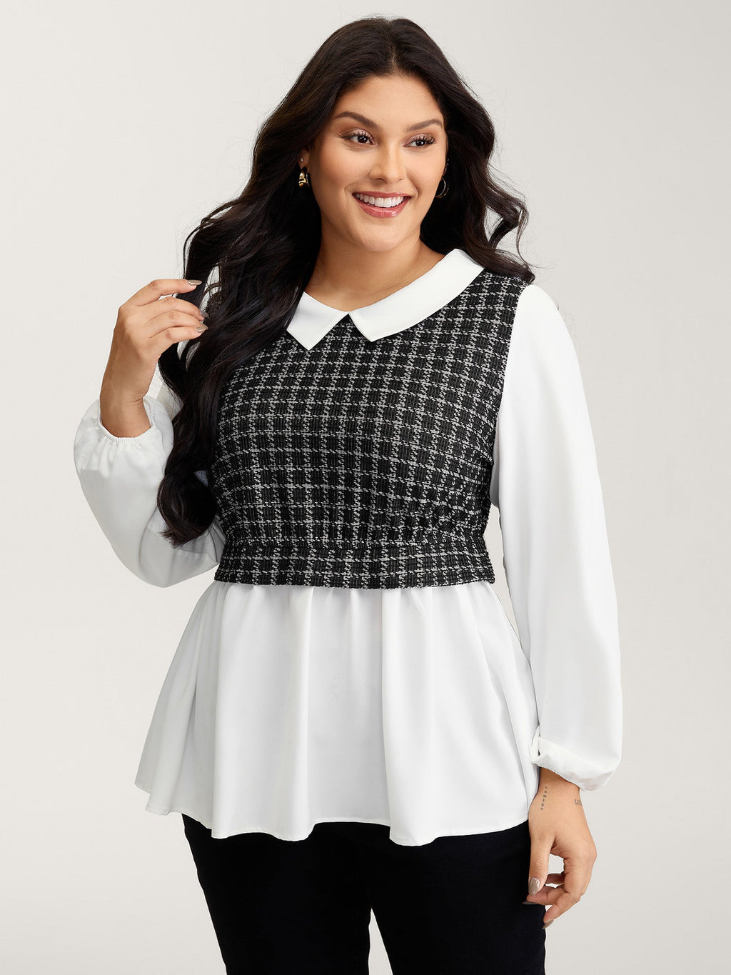 Houndstooth Pattern Color Contrast Blouse