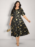 Gold Stamp Shirred Back-Waist Maxi Dress