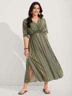 Striped Contrast Dolman Sleeve Shirred Pocket Split Flutter Dress