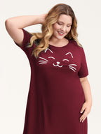 Happy Cat Print Stretchy Contrast Sleep Dress