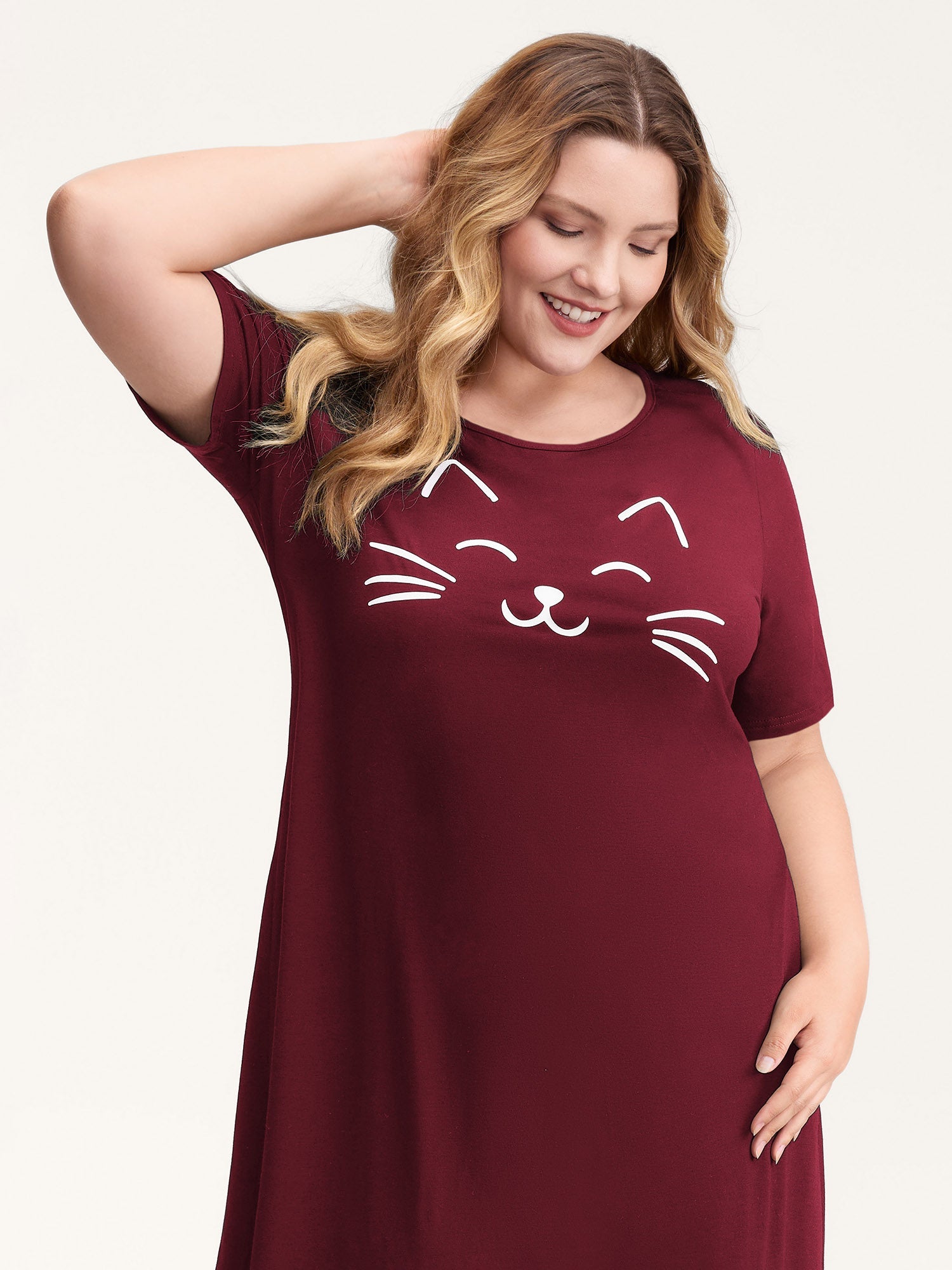 Happy Cat Print Stretchy Contrast Sleep Dress