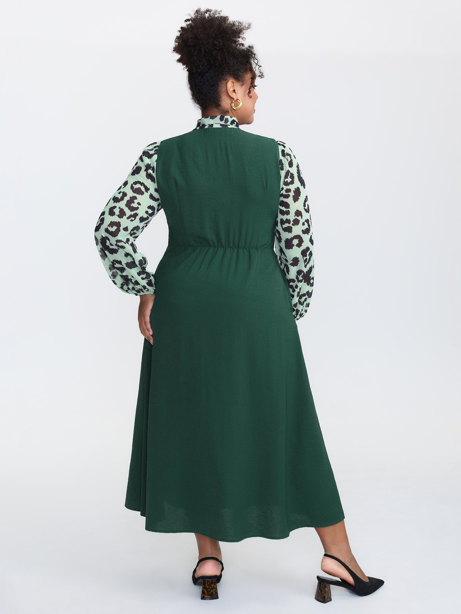 Leopard Print Ribbon Collar Midi Dress