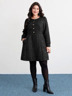 Tweed Metal Button Stretchy Waist Knee Dress