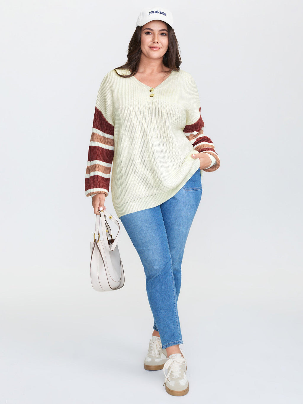 Striped Sleeve Button Neckline Pullover