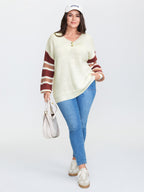 Striped Sleeve Button Neckline Pullover