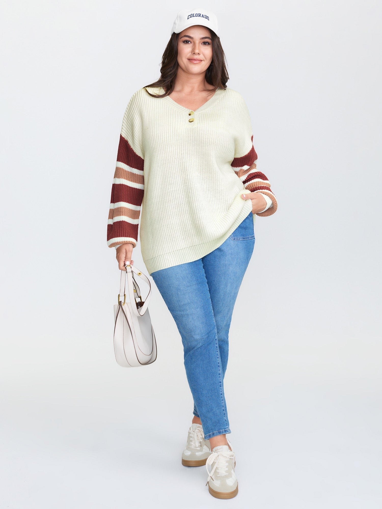Striped Sleeve Button Neckline Pullover