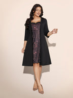 Heart Neckline Patchwork Sequin Button Detail Dress