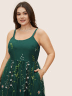 U Neck Floral Embroidered Mesh Cami Dress