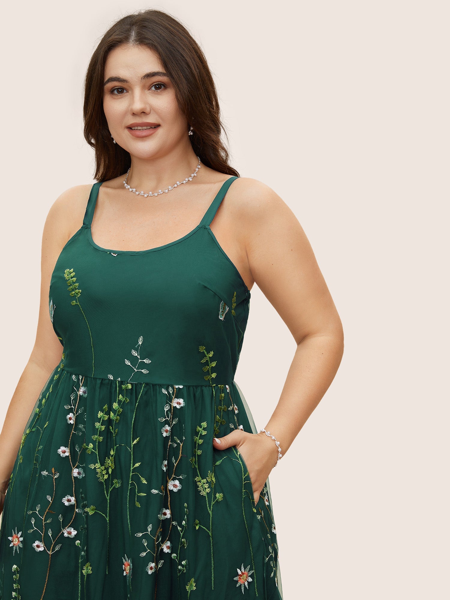U Neck Floral Embroidered Mesh Cami Dress