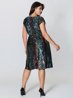 Shimmery Sequin Stripe Cinched-Waist Midi Dress