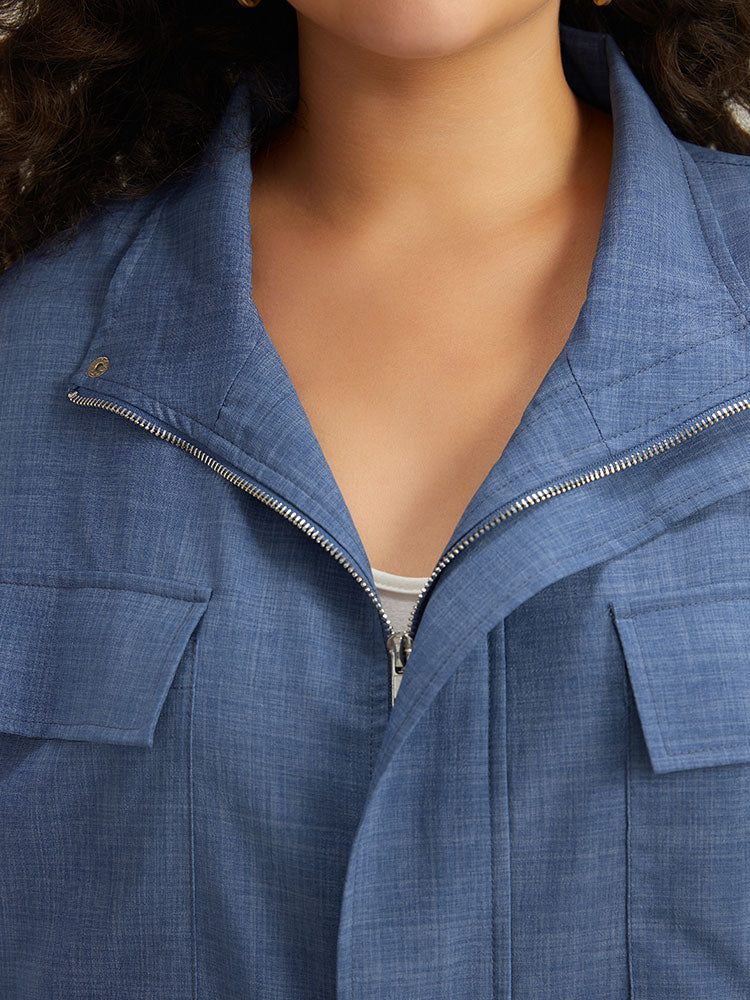 Plain Flap Pocket Zipper Lapel Collar Coat