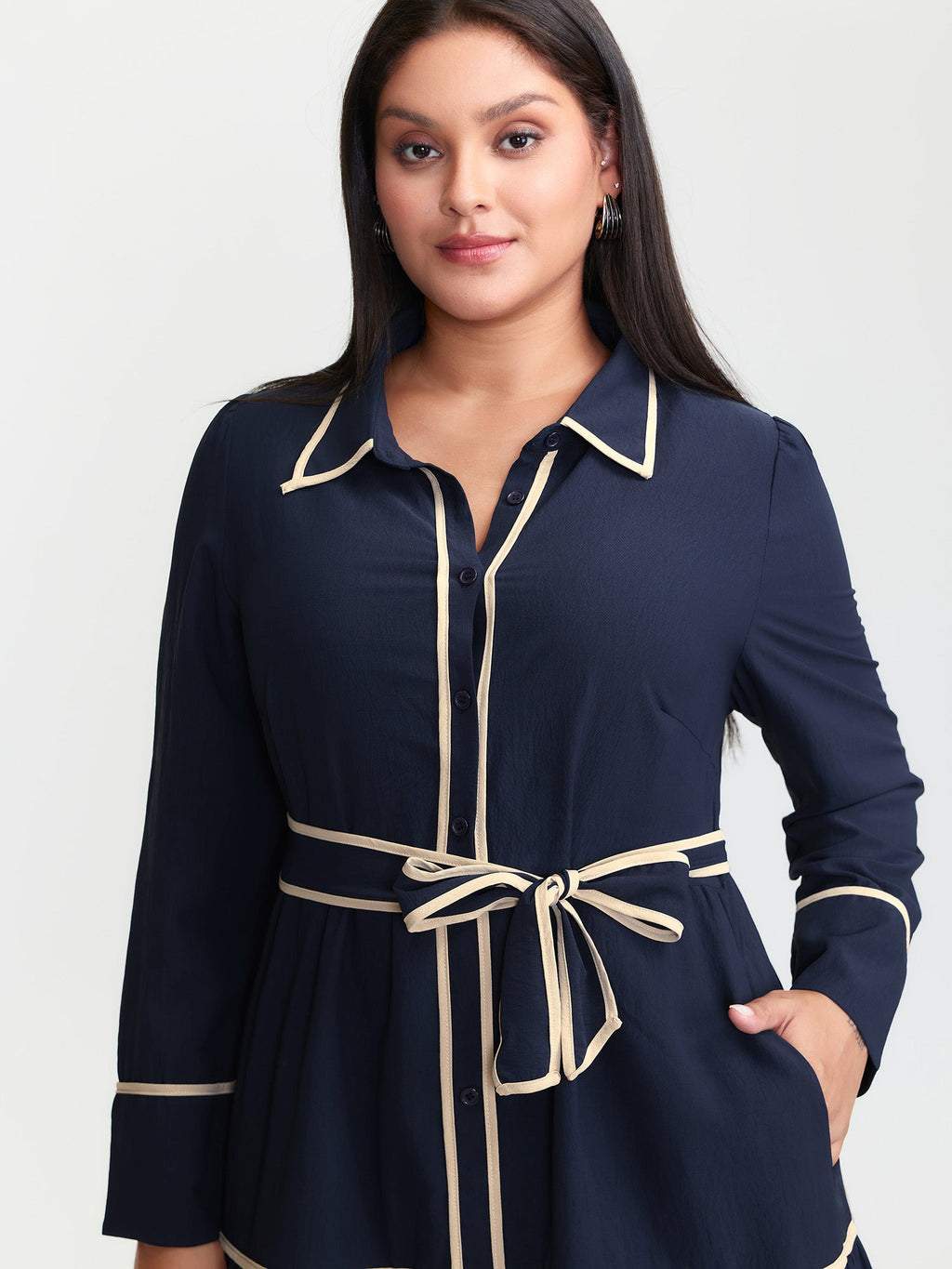 Color Contrast Belted Maxi Shirt Dress