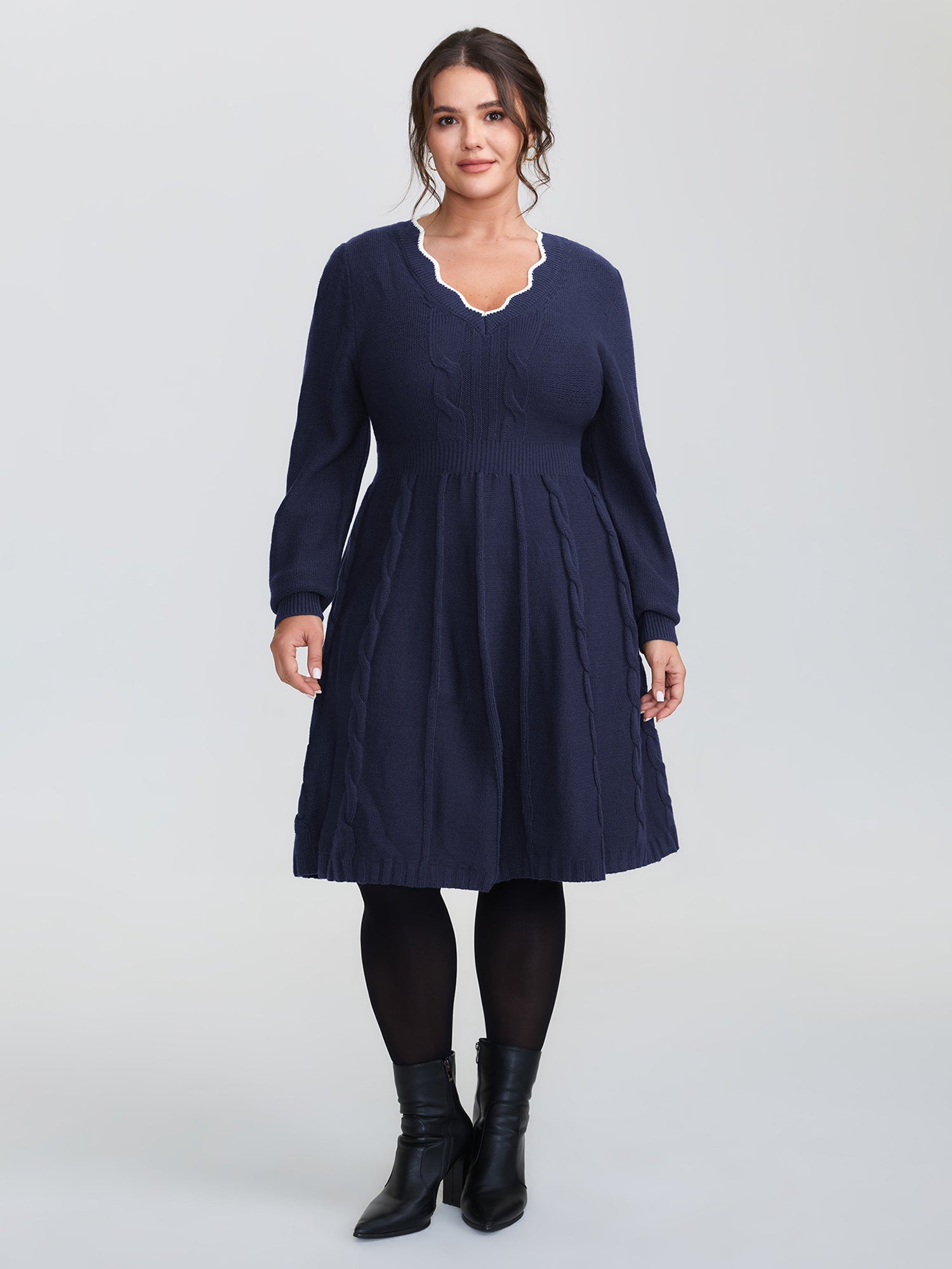 Scalloped V-Neck Fit and Flare Sweater Dress