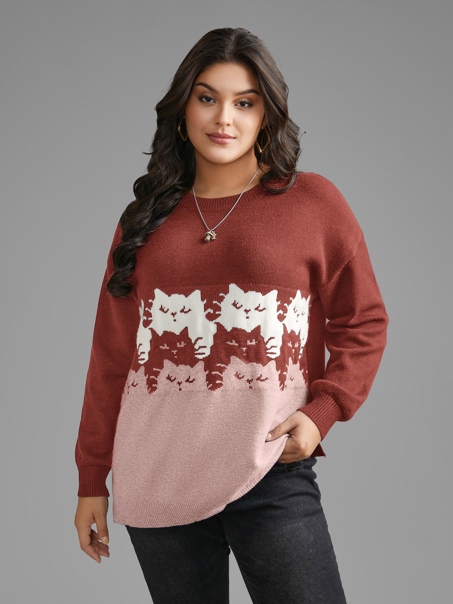 Cat Contrast Drop Shoulder Pullover