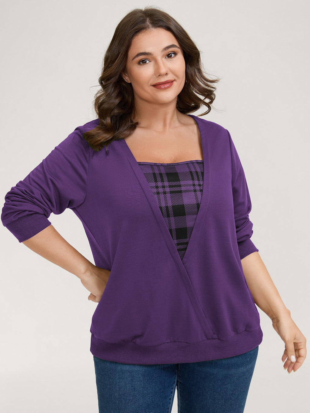 Plaid Spliced Wrap Contrast Sweatshirt