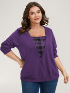 Plaid Spliced Wrap Contrast Sweatshirt