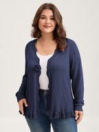 Supersoft Textured Floral Button Ruffled Hem Knit Cardigan